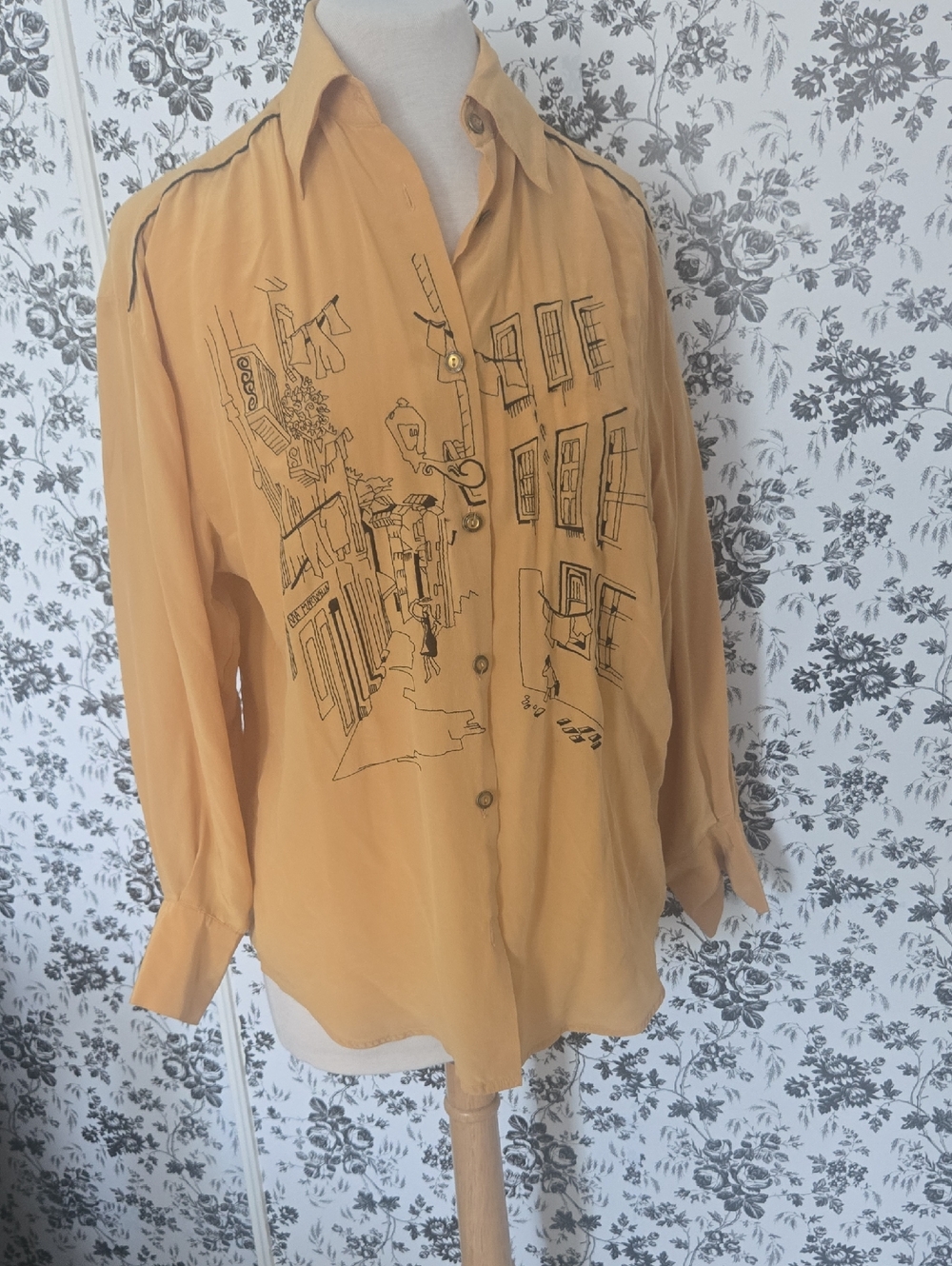 Mustard Yellow Button-Up Shirt with Black Sketch Print